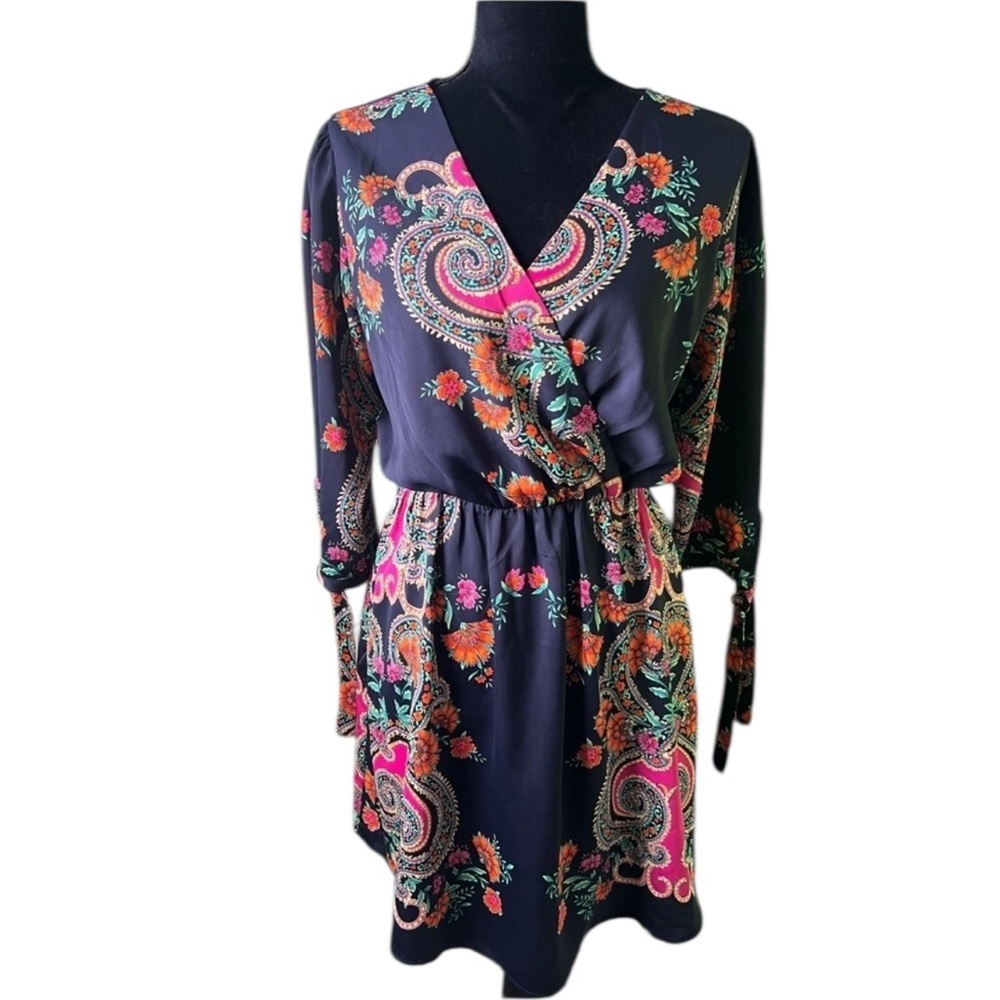 Everly Womens Navy Blue Long Sleeve Floral Paisley Dress Large - Picture 2 of 9